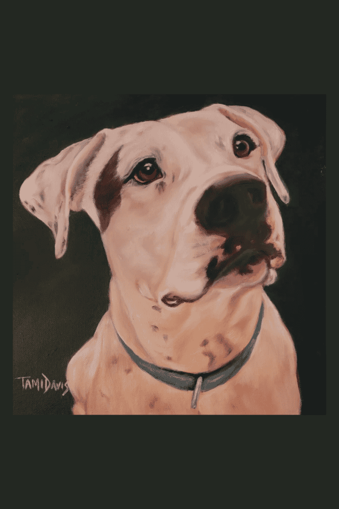 Painting of a beautiful white dog rescued after his portrait was painted by Tami Davis of tamidavisart.com.
